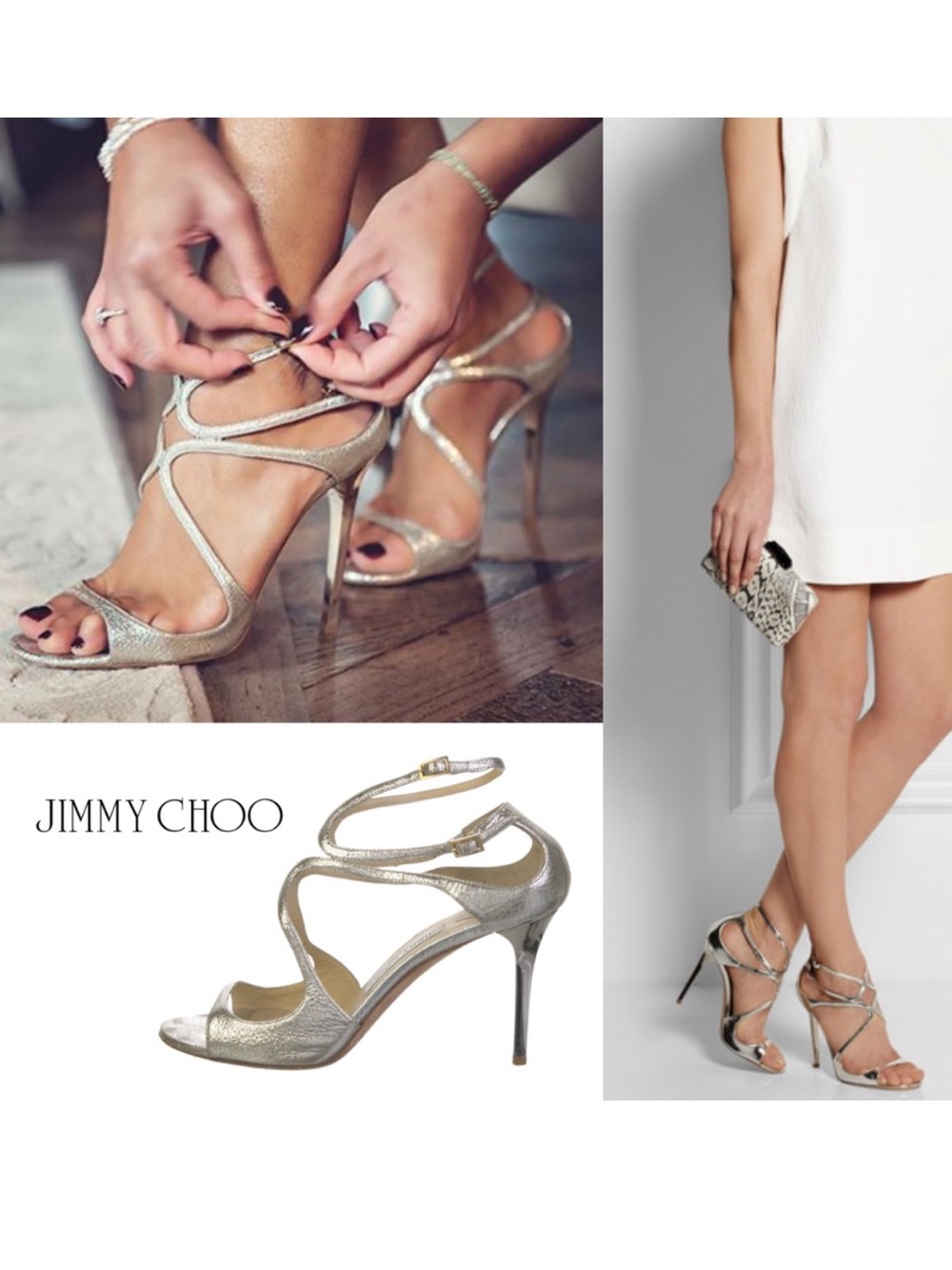 Jimmy Choo Lance Silver Metallic Leather Strappy Heels Size 39 / US 8